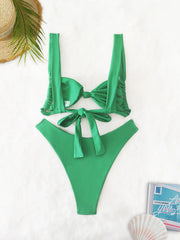 Green Front Tie Micro Bikini Pleate Push Up Bra Mid Waist Swimsuit Bandage Bathing Suit Vacation Swimwear