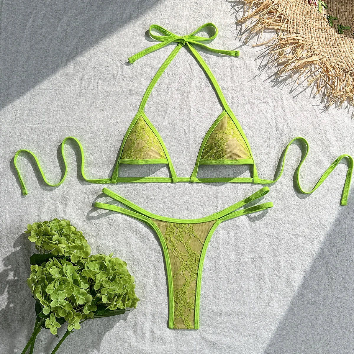 Green Lace Patchwork Bikini Set