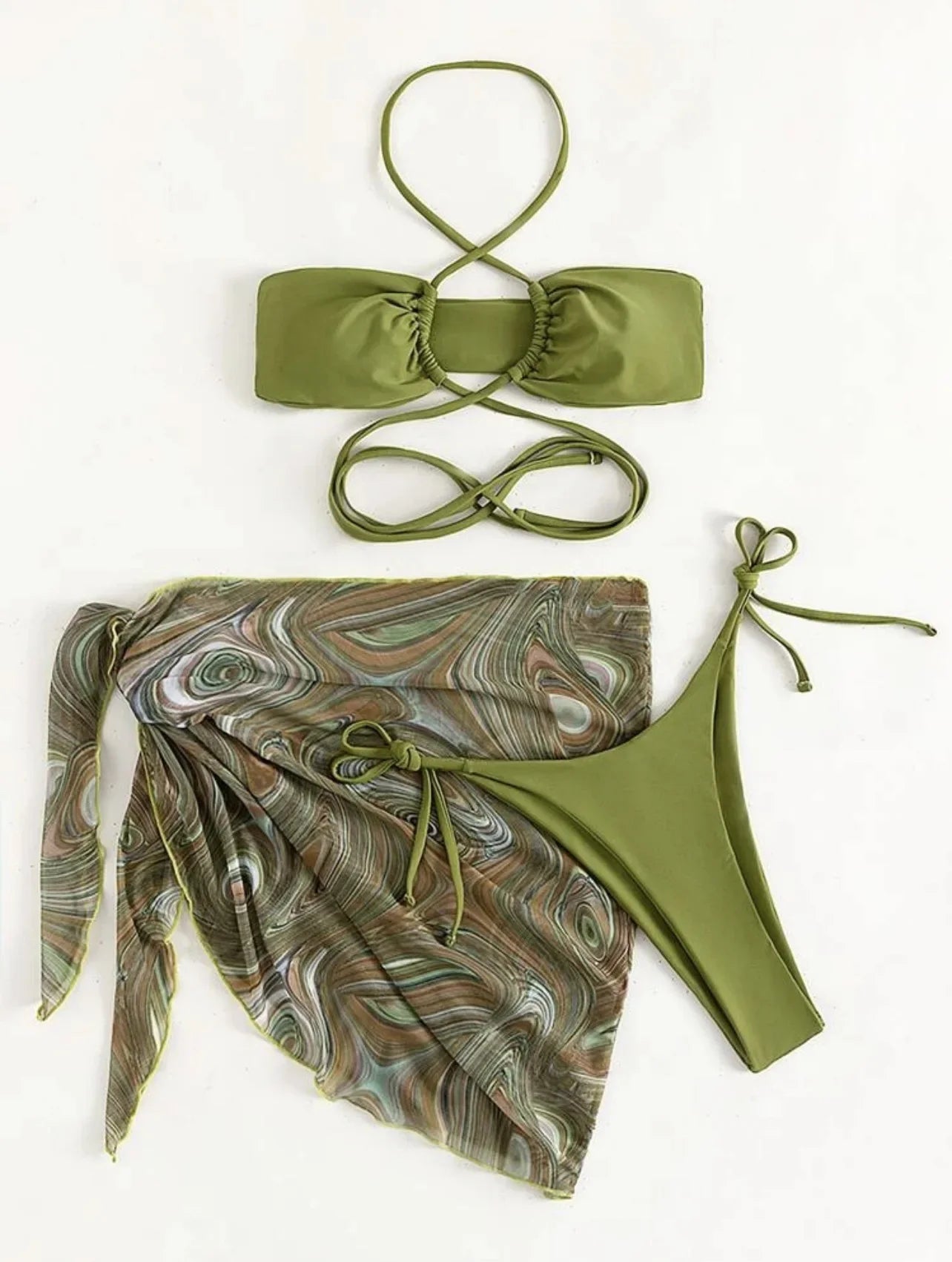 Green Leaves Print Bikini Halter Criss Cross Push Up Swimsuit Beach Bathing Suit Cover Up High Waist Swimwear
