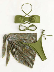 Green Leaves Print Bikini Halter Criss Cross Push Up Swimsuit Beach Bathing Suit Cover Up High Waist Swimwear