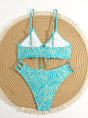 Green Leaves Print Bikini Set