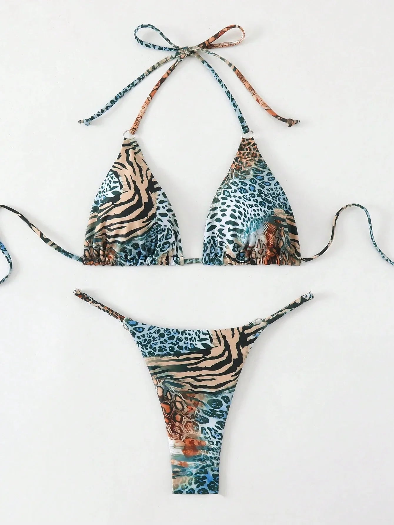 Green Leopard Print Micro Bikini Halter Push Up Triangle Swimwear Bathing Swimming Suit Thong Swimsuit