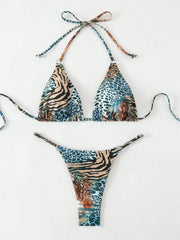 Green Leopard Print Micro Bikini Halter Push Up Triangle Swimwear Bathing Swimming Suit Thong Swimsuit