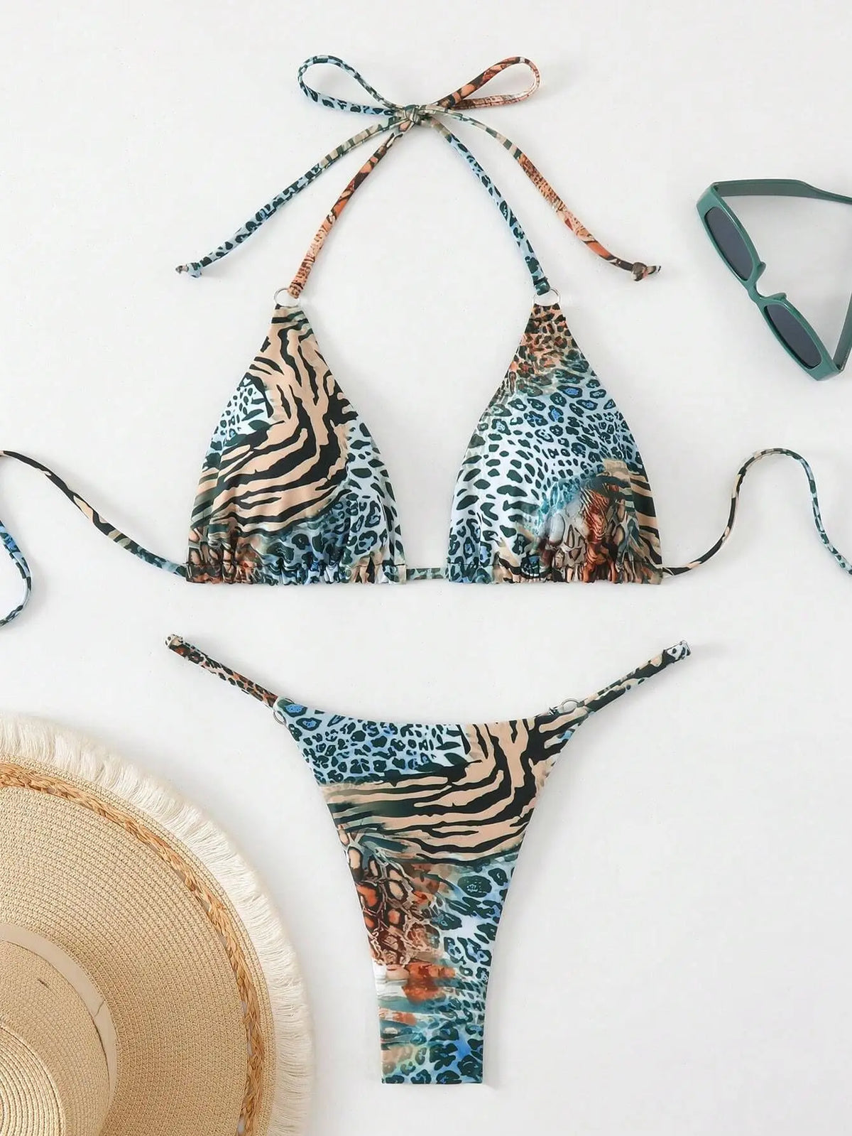 Green Leopard Print Micro Bikini Halter Push Up Triangle Swimwear Bathing Swimming Suit Thong Swimsuit