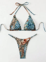 Green Leopard Print Micro Bikini Halter Push Up Triangle Swimwear Bathing Swimming Suit Thong Swimsuit