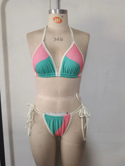 Green Pink Patchwork Bikini Set