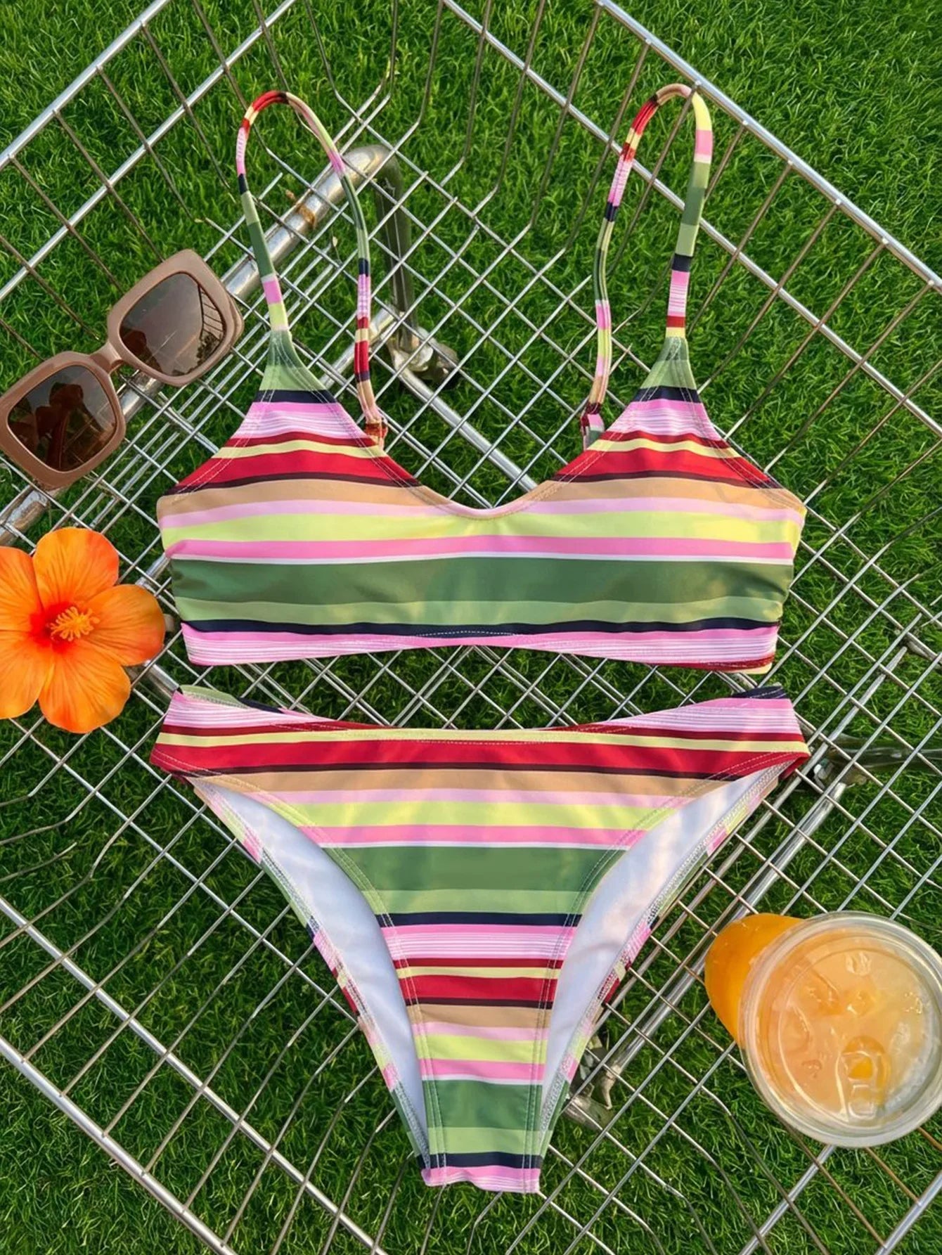 Green Pink Striped Bikini Set