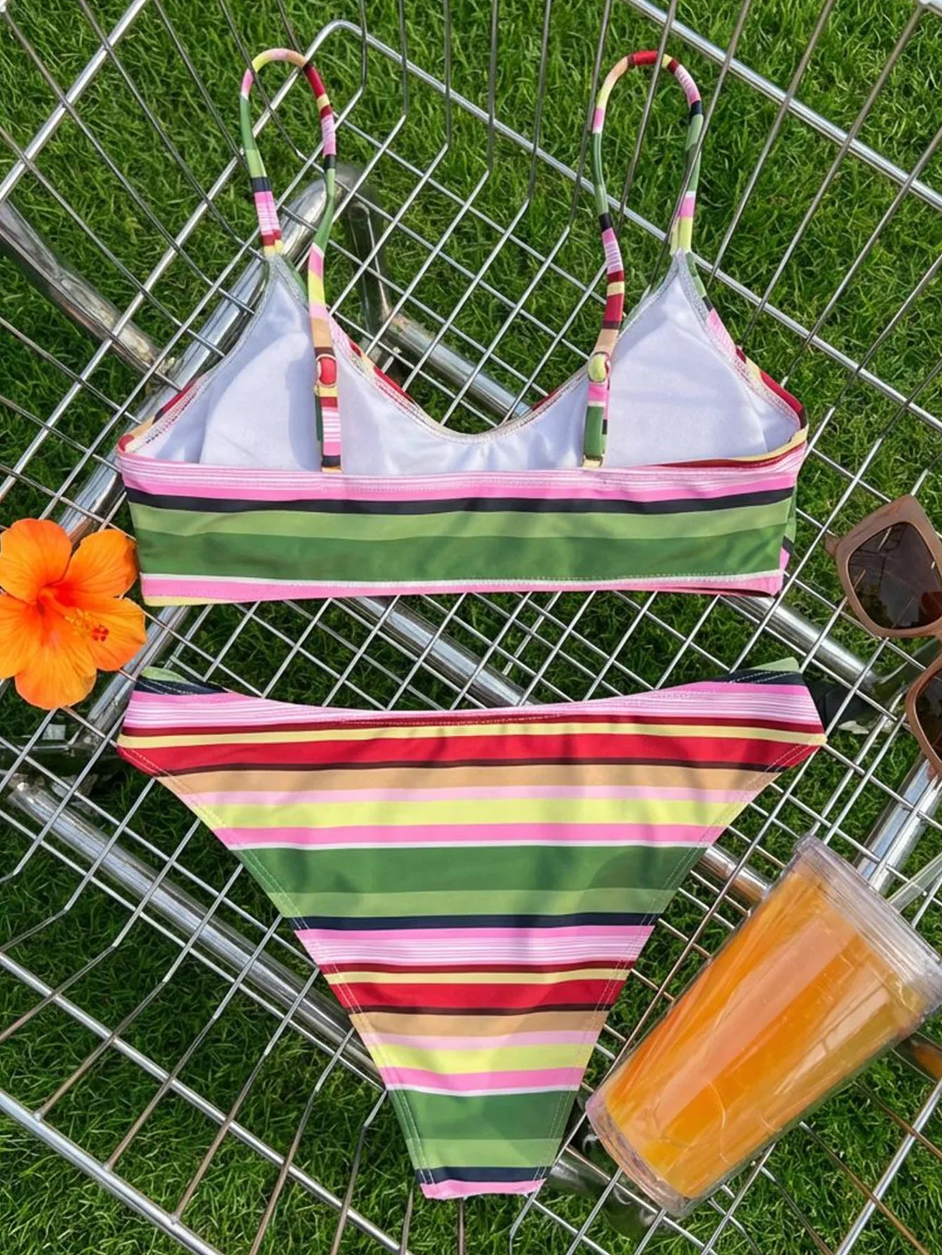 Green Pink Striped Bikini Set
