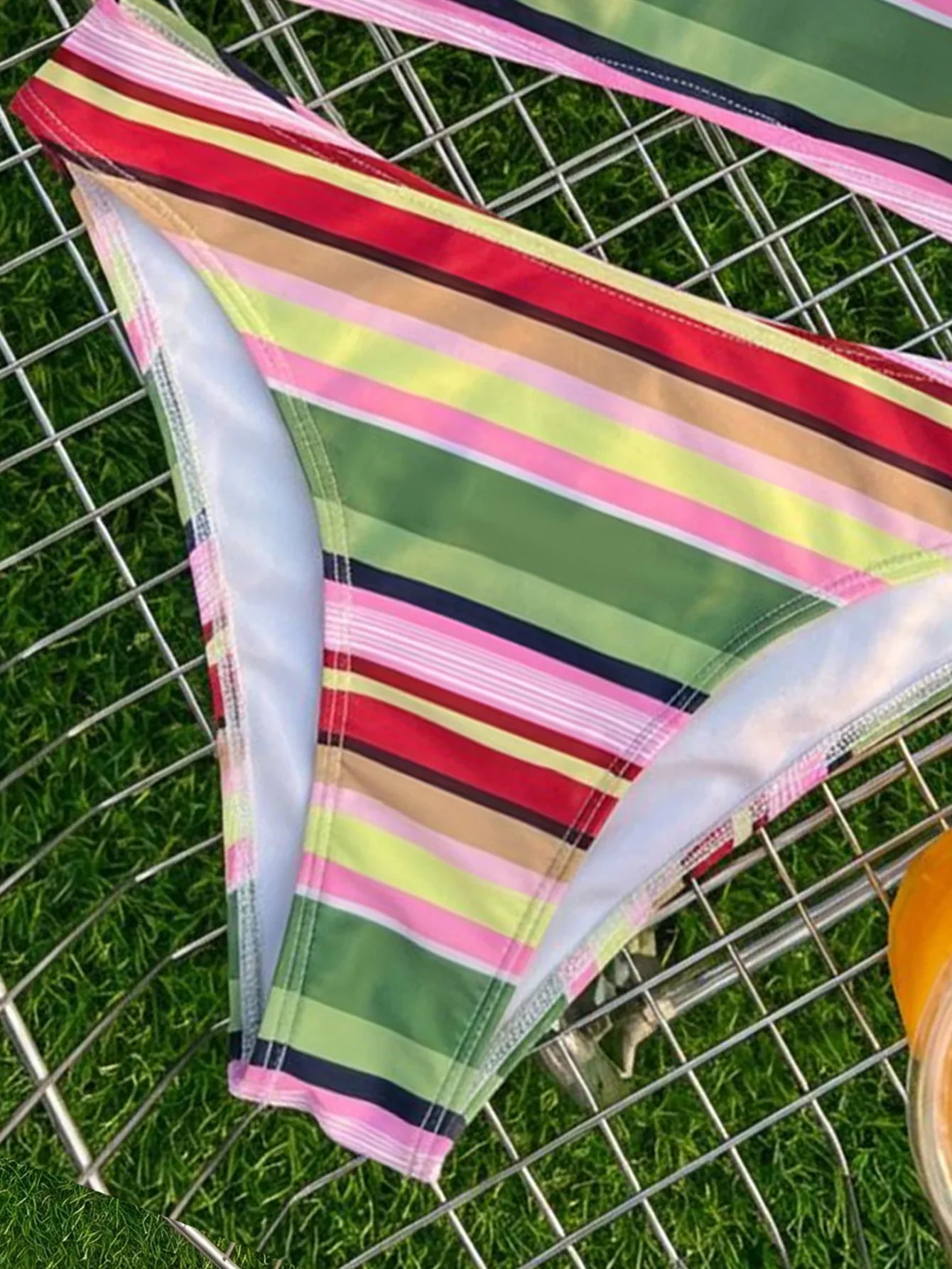 Green Pink Striped Bikini Set
