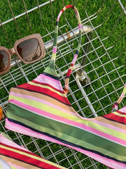 Green Pink Striped Bikini Set