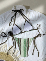 Green Striped Micro Bikini Halter Push Up Tie Side Thong Swimsuit Holiday Bandage Bathing Suit Swimwear