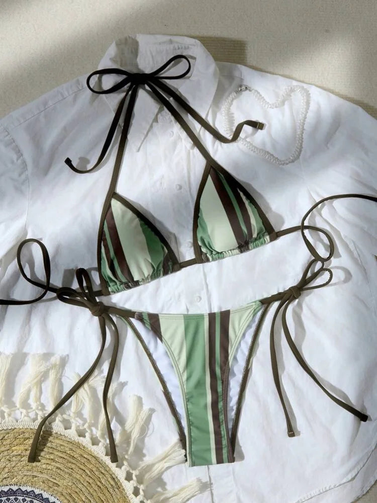 Green Striped Micro Bikini Halter Push Up Tie Side Thong Swimsuit Holiday Bandage Bathing Suit Swimwear