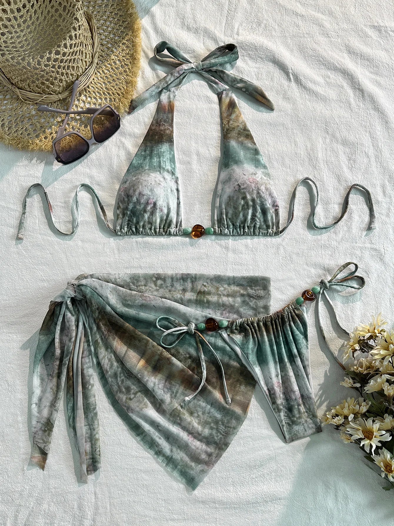 Green Tie Dye Gradient Swimwear Pearls Push Up Bra Skirt 3 Piece Bikini Set