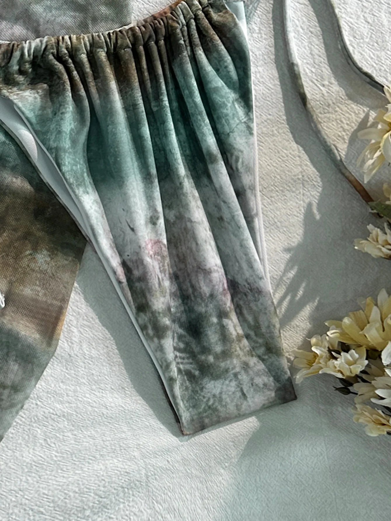 Green Tie Dye Gradient Swimwear Pearls Push Up Bra Skirt 3 Piece Bikini Set