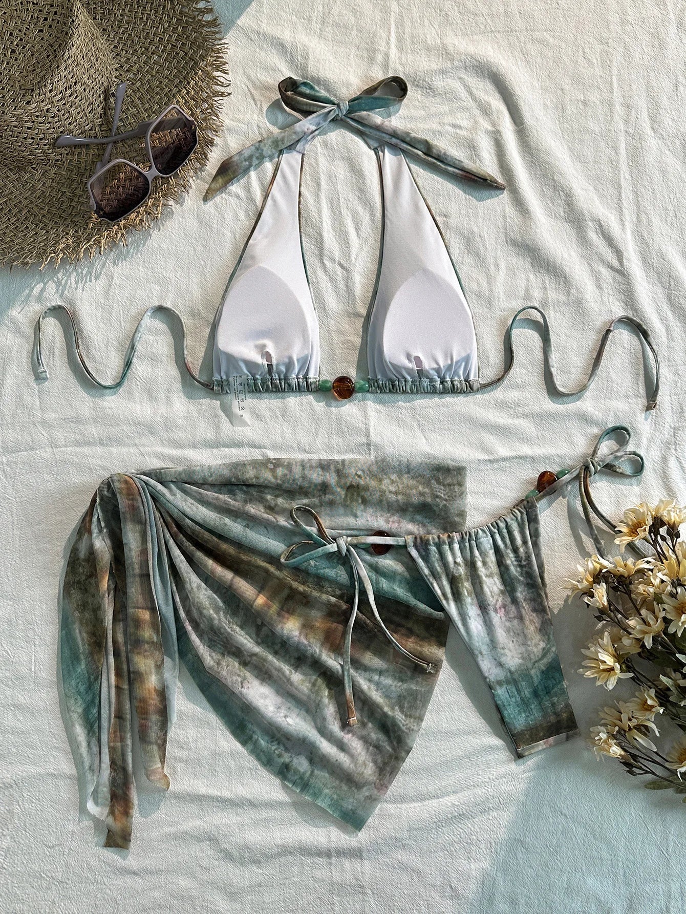 Green Tie Dye Gradient Swimwear Pearls Push Up Bra Skirt 3 Piece Bikini Set