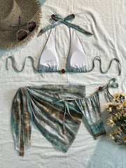 Green Tie Dye Gradient Swimwear Pearls Push Up Bra Skirt 3 Piece Bikini Set