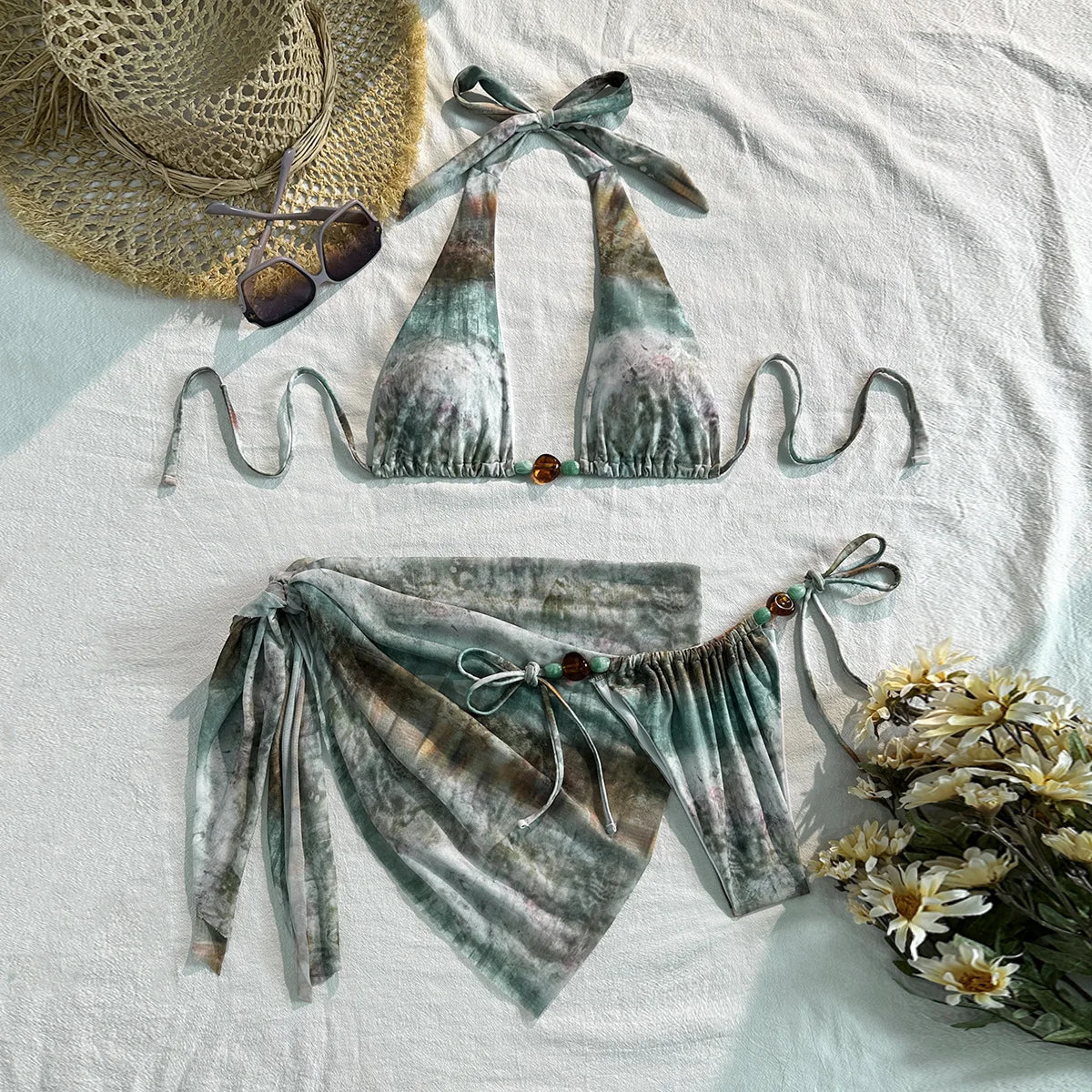 Green Tie Dye Gradient Swimwear Pearls Push Up Bra Skirt 3 Piece Bikini Set