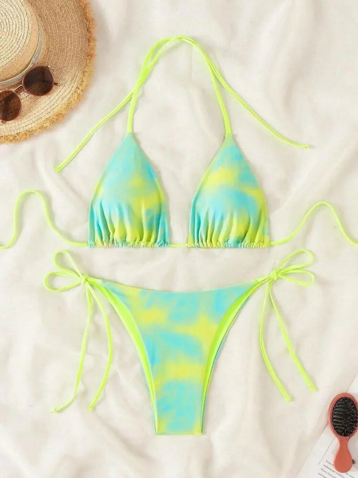 Green Tie Dye Micro Bikini Halter Bandage Gradient Push Up Thong Swimsuit Bathing Suit
