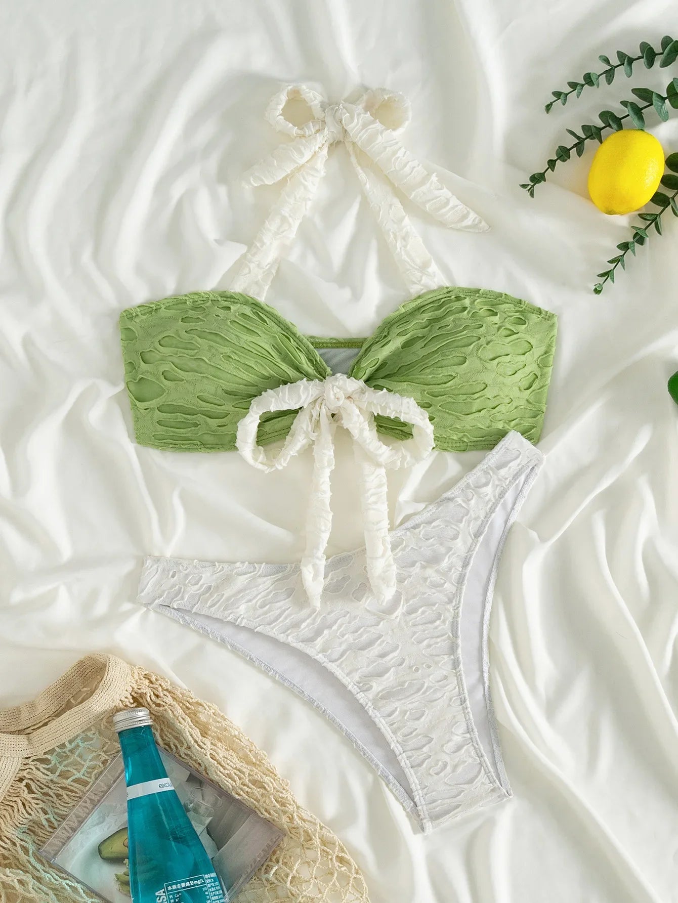 Green White Patchwork Bikini Set