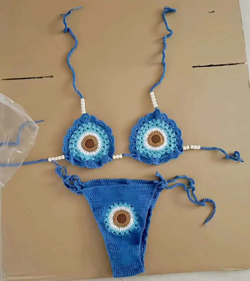 Hand Woven Bikini Mujer Green Patchwork Bead String Strap Micro Swimsuit Beach Bathing Suit Knitted Swimwear