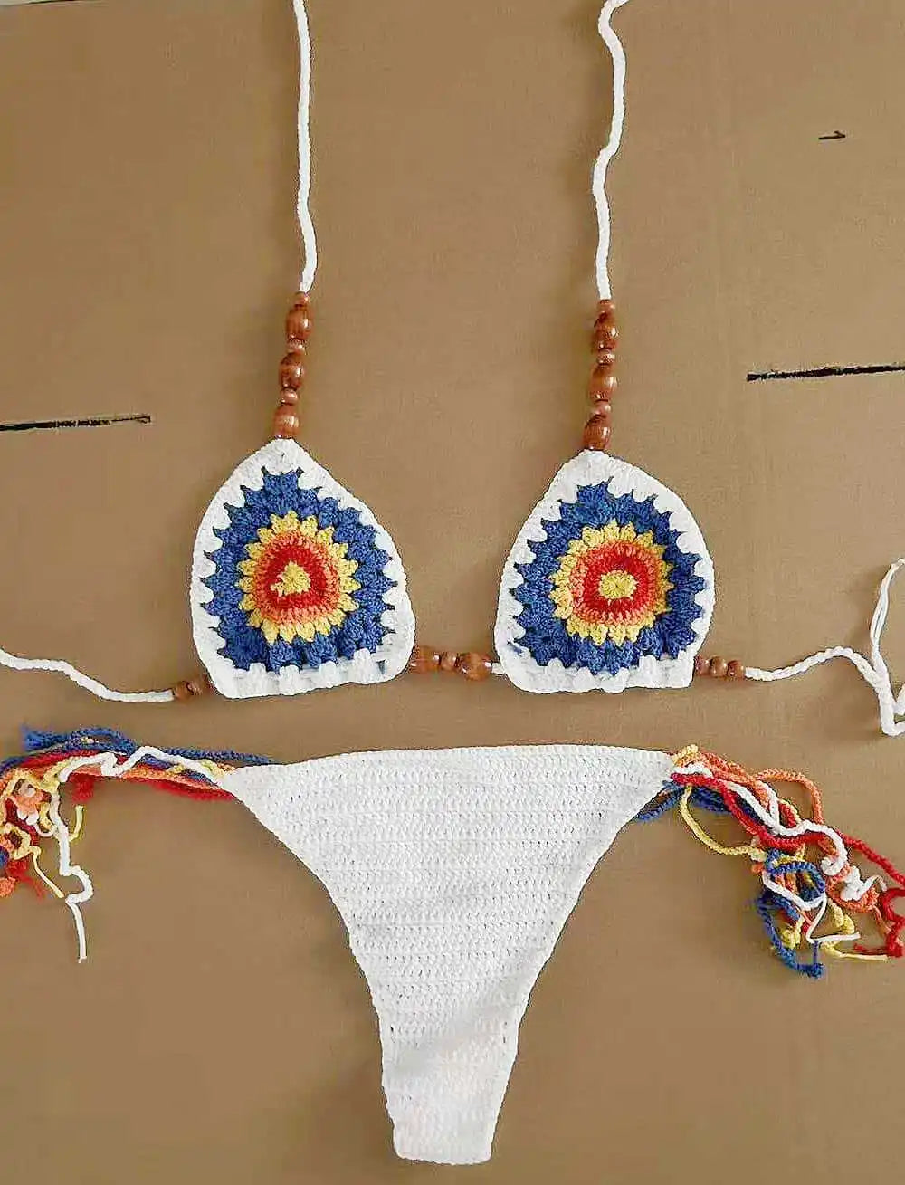 Hand Woven Bikini Mujer Green Patchwork Bead String Strap Micro Swimsuit Beach Bathing Suit Knitted Swimwear