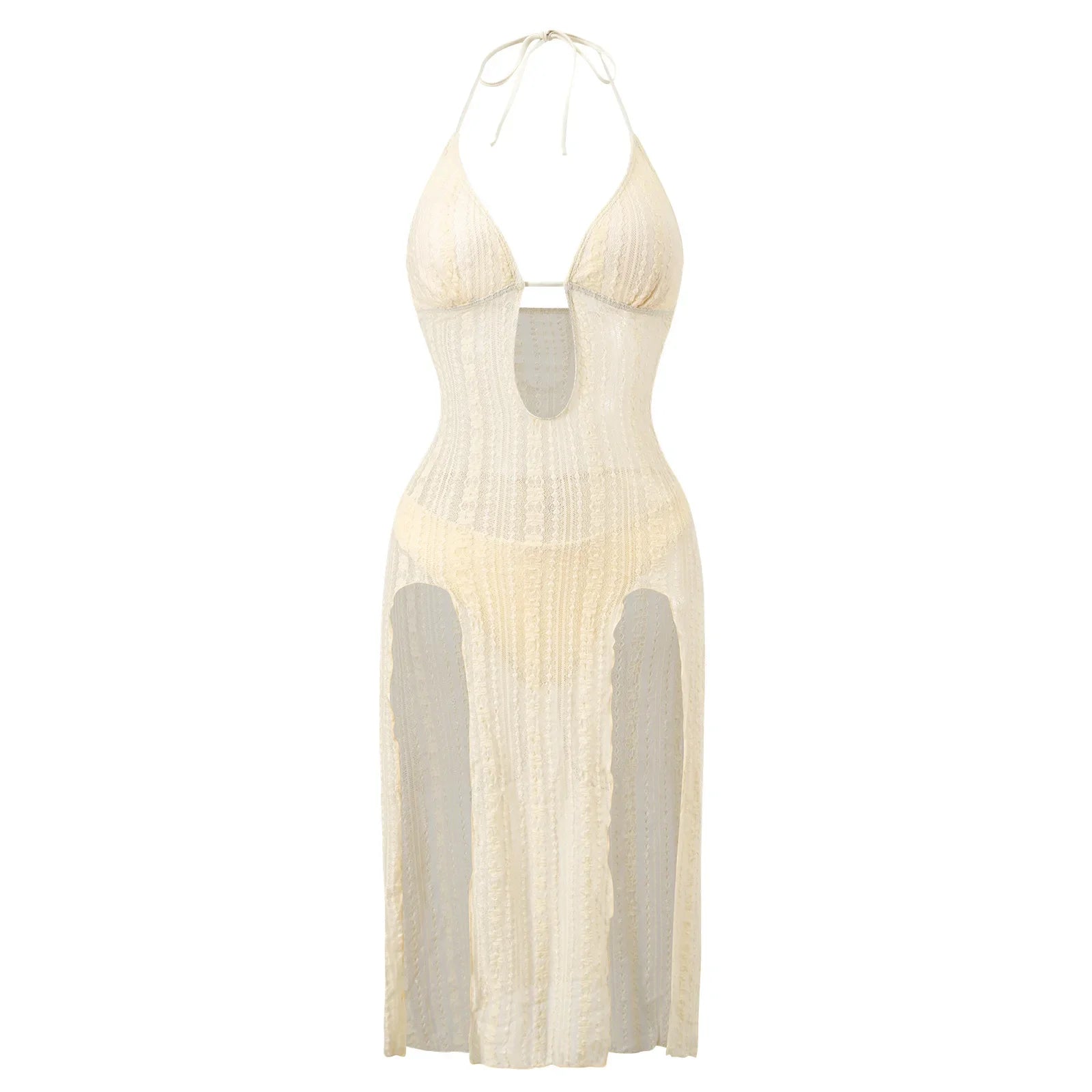 High Waist Swimwear Beige Hollow Out Mesh Push Up Dress Swimsuit Beach Bathing Suit Holiday Two Piece Bikini Set
