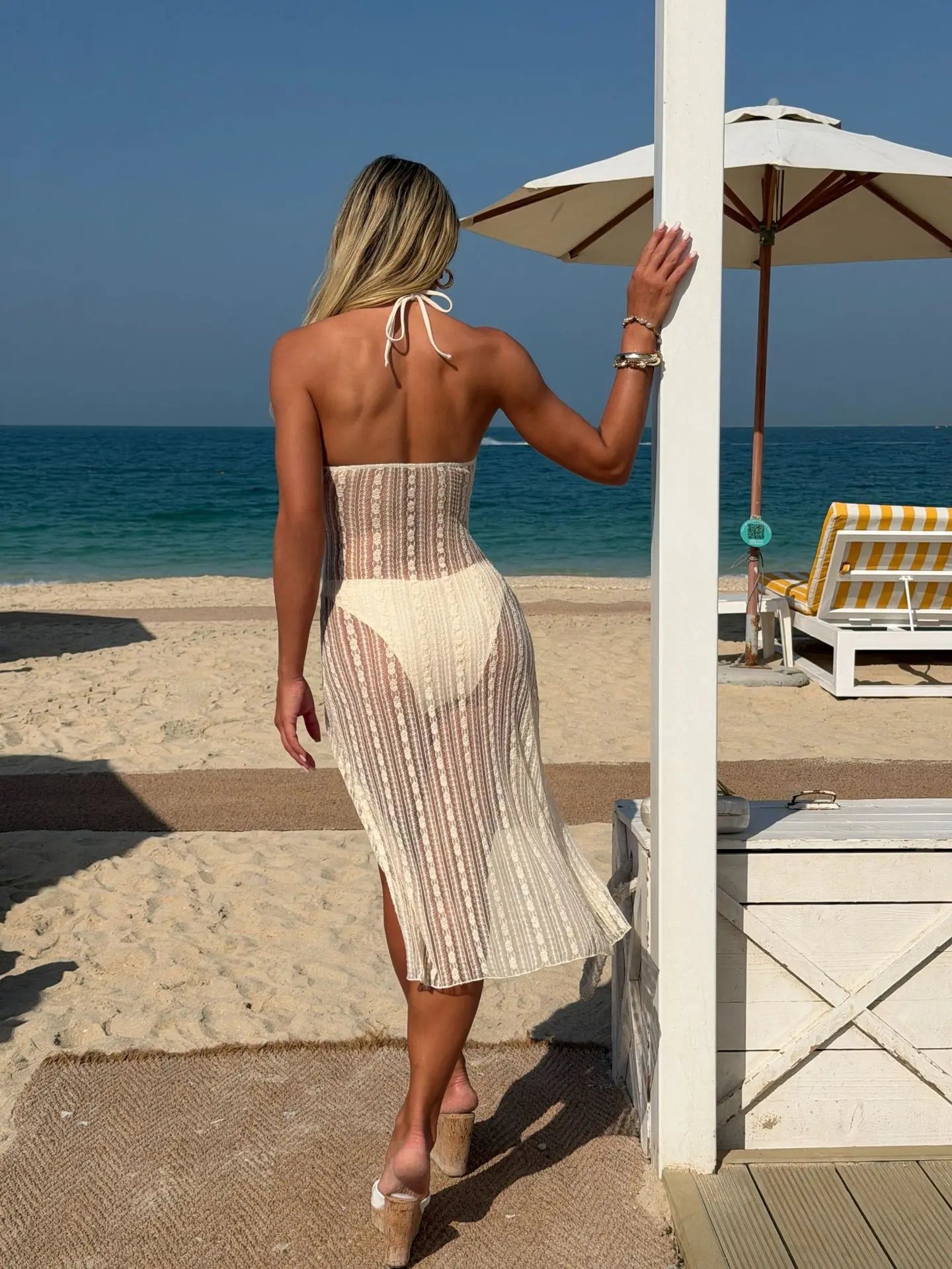 High Waist Swimwear Beige Hollow Out Mesh Push Up Dress Swimsuit Beach Bathing Suit Holiday Two Piece Bikini Set