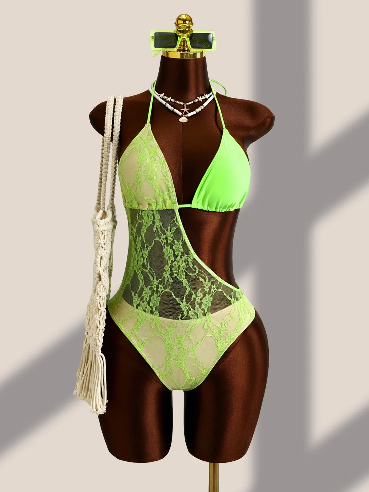 Hollow Out Bakcless Thong Bikini Swimwear White Black Lace See Through Bathing Suit Holiday One Piece Swimsuit