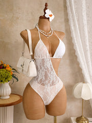 Hollow Out Bakcless Thong Bikini Swimwear White Black Lace See Through Bathing Suit Holiday One Piece Swimsuit