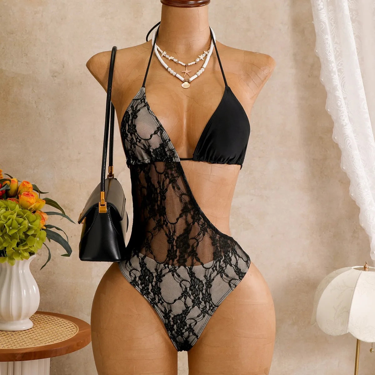 Hollow Out Bakcless Thong Bikini Swimwear White Black Lace See Through Bathing Suit Holiday One Piece Swimsuit
