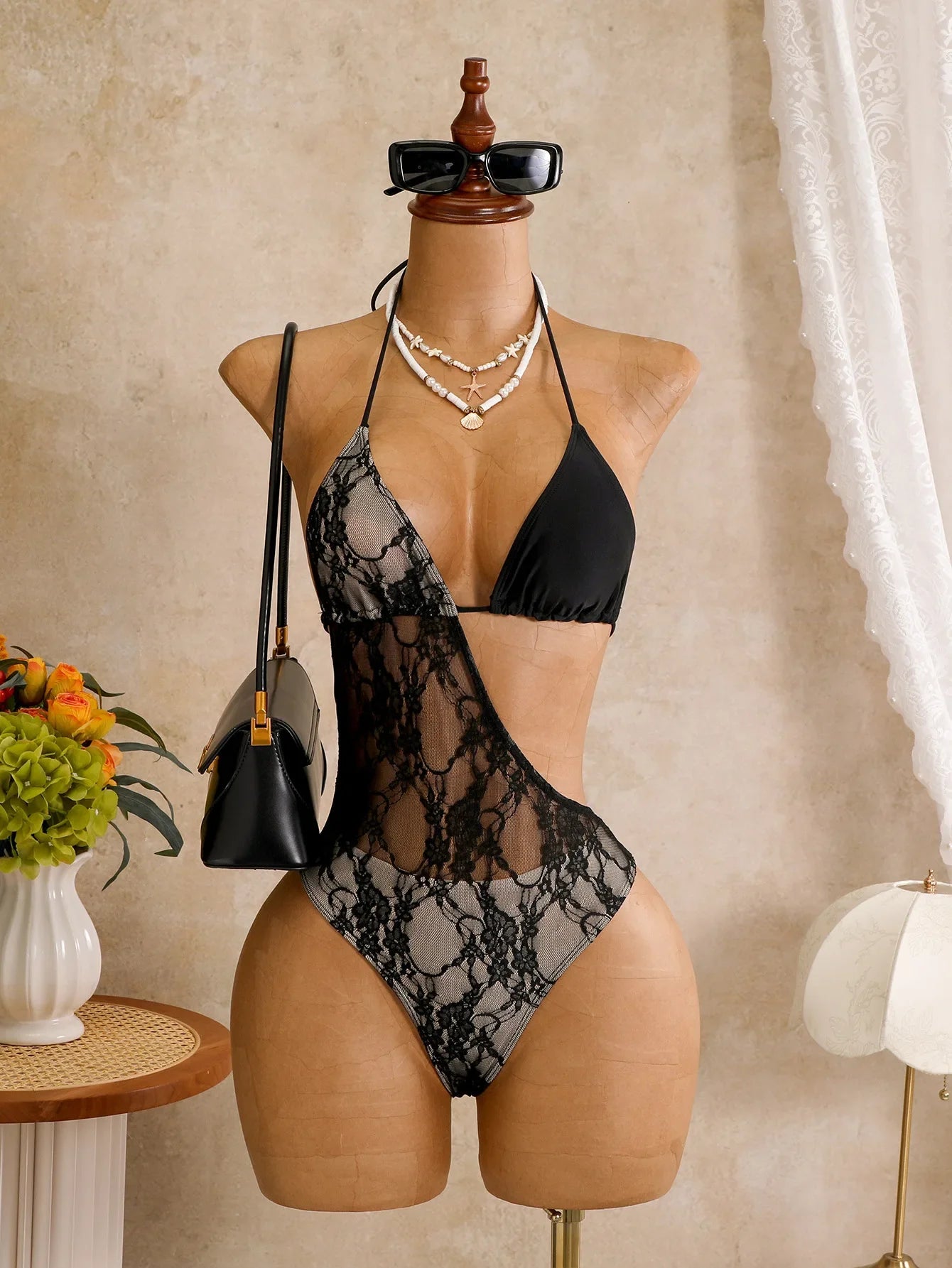 Hollow Out Bakcless Thong Bikini Swimwear White Black Lace See Through Bathing Suit Holiday One Piece Swimsuit