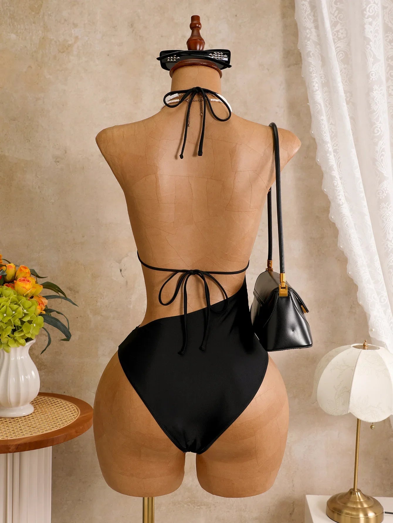 Hollow Out Bakcless Thong Bikini Swimwear White Black Lace See Through Bathing Suit Holiday One Piece Swimsuit