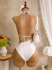 Hollow Out Bakcless Thong Bikini Swimwear White Black Lace See Through Bathing Suit Holiday One Piece Swimsuit