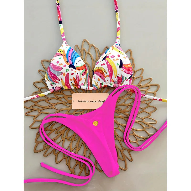 Pink Graffiti Print Bikini Set