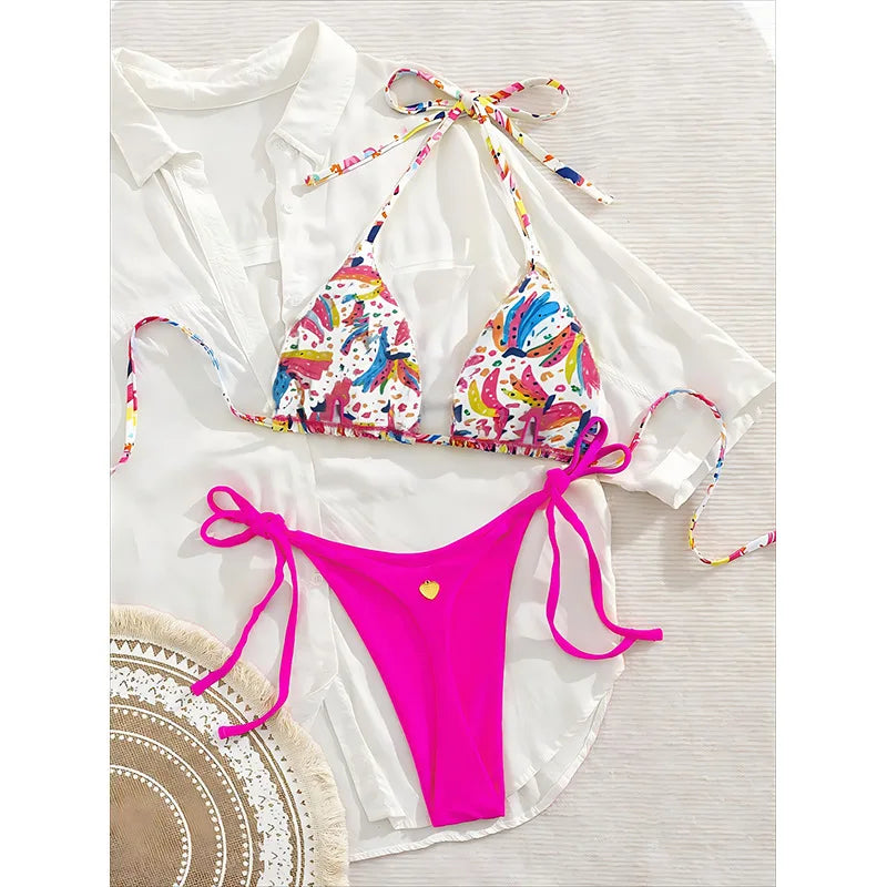 Pink Graffiti Print Bikini Set