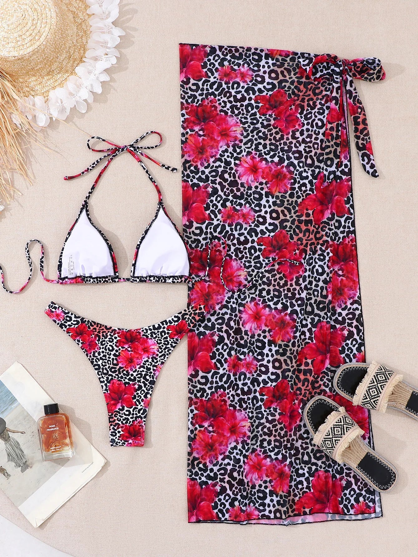 Pink Leopard Floral Print Bikini Set