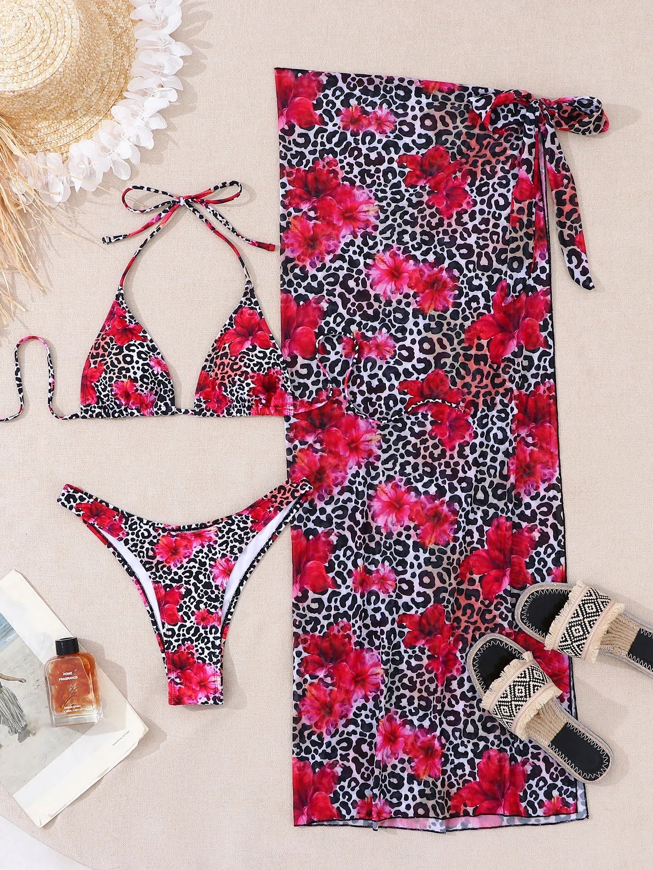 Pink Leopard Floral Print Bikini Set