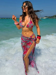 Pink Leopard Floral Print Bikini Set