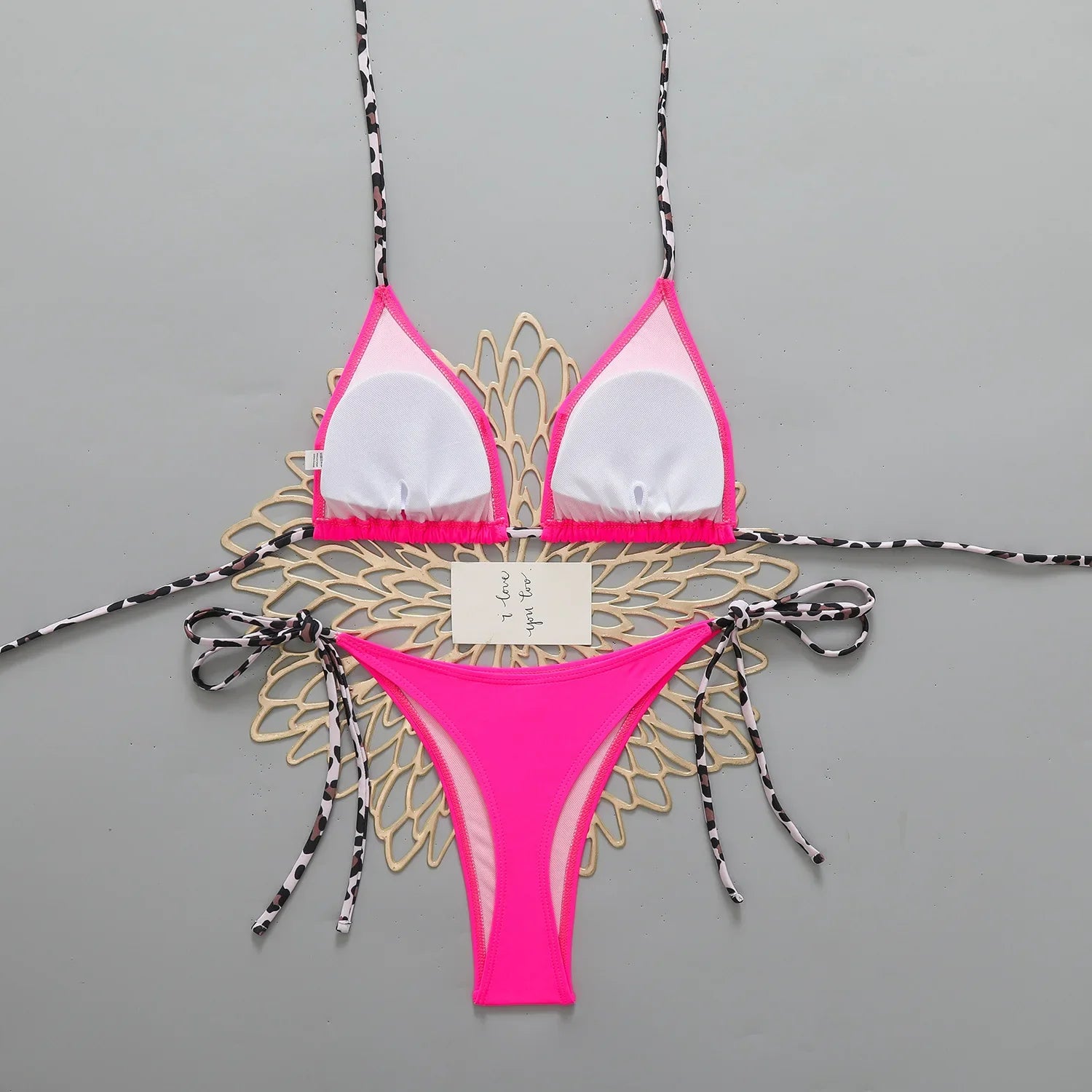 Pink Patchwork Micro Bikini Leopard Strap Push Up Bra Tie Side Thong Swimsuit Bathing Suit Vacation Swimwear