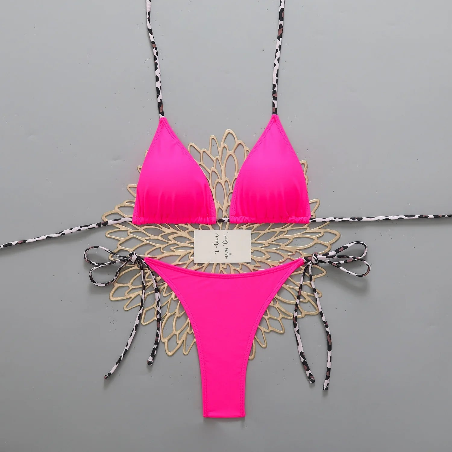 Pink Patchwork Micro Bikini Leopard Strap Push Up Bra Tie Side Thong Swimsuit Bathing Suit Vacation Swimwear