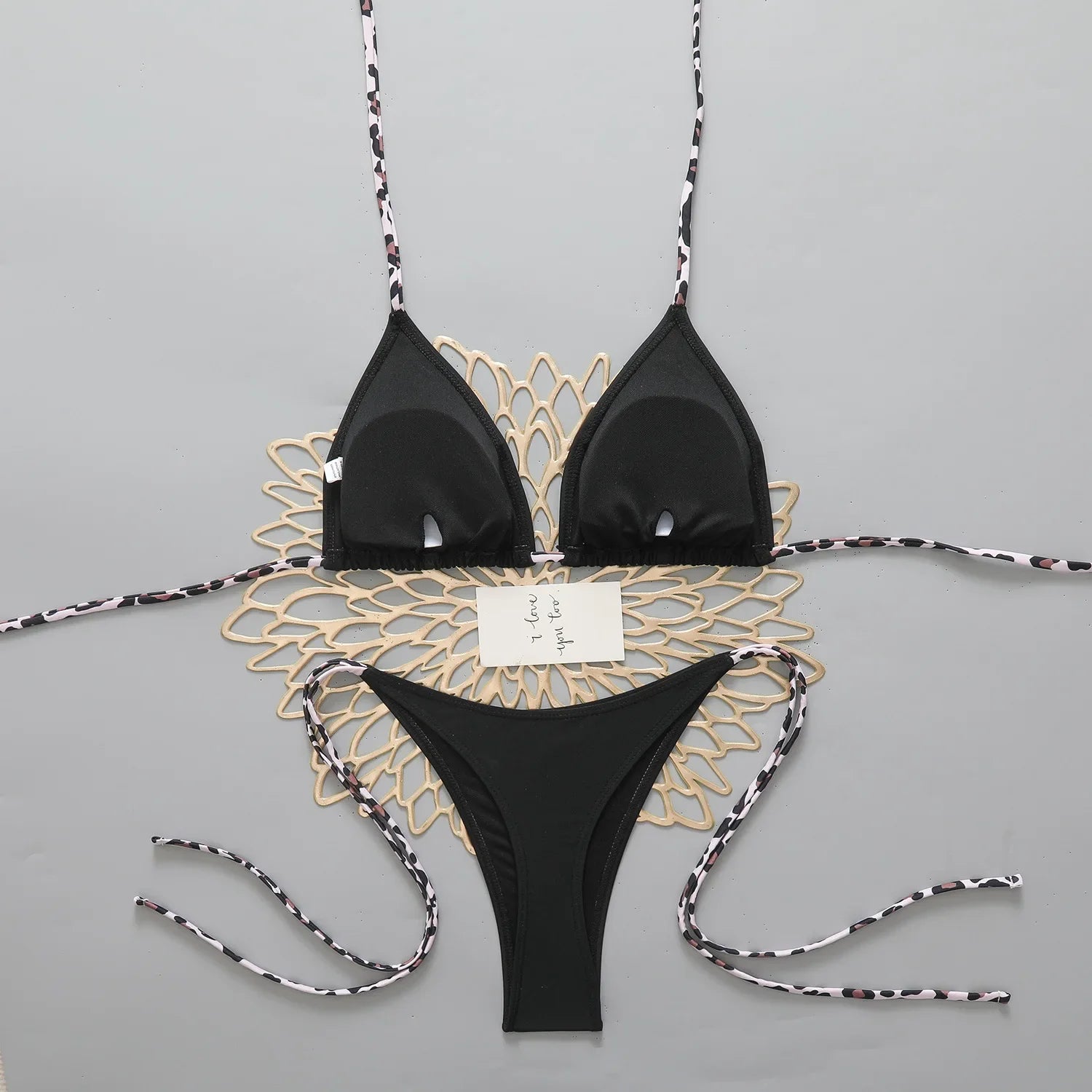 Pink Patchwork Micro Bikini Leopard Strap Push Up Bra Tie Side Thong Swimsuit Bathing Suit Vacation Swimwear