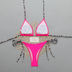 Pink Patchwork Micro Bikini Leopard Strap Push Up Bra Tie Side Thong Swimsuit Bathing Suit Vacation Swimwear