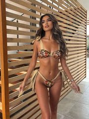 Khaki Floral Print Bikini Tie Strap Front Bow Push Up Mesh Skirt 3 Piece Swimsuit Bathing Suit Thong Swimwear
