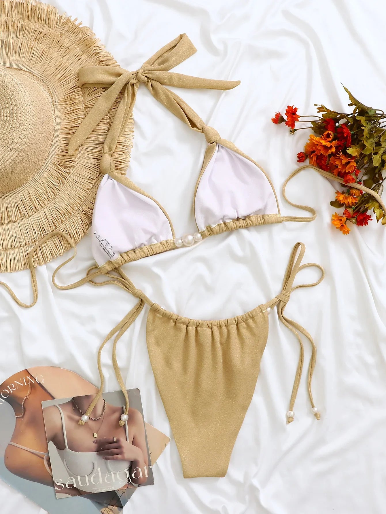 Khaki Micro Bikini Bow Strap Push Up Bra Pearls Lace-up Tanga Swimsuit Brazilian Bathing Suit Vacation Swimwear