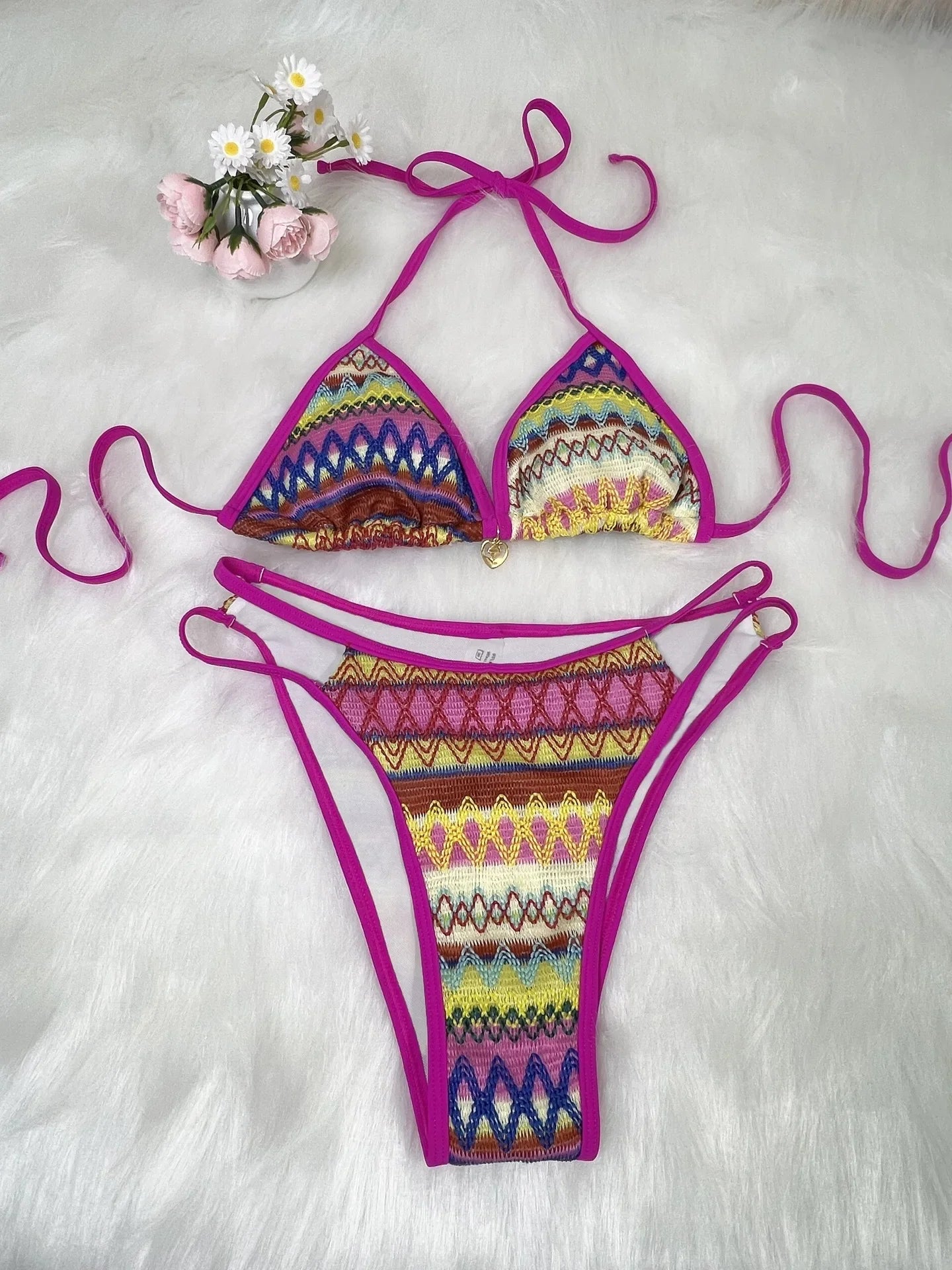 Knitted Coffee Striped Bikini Set