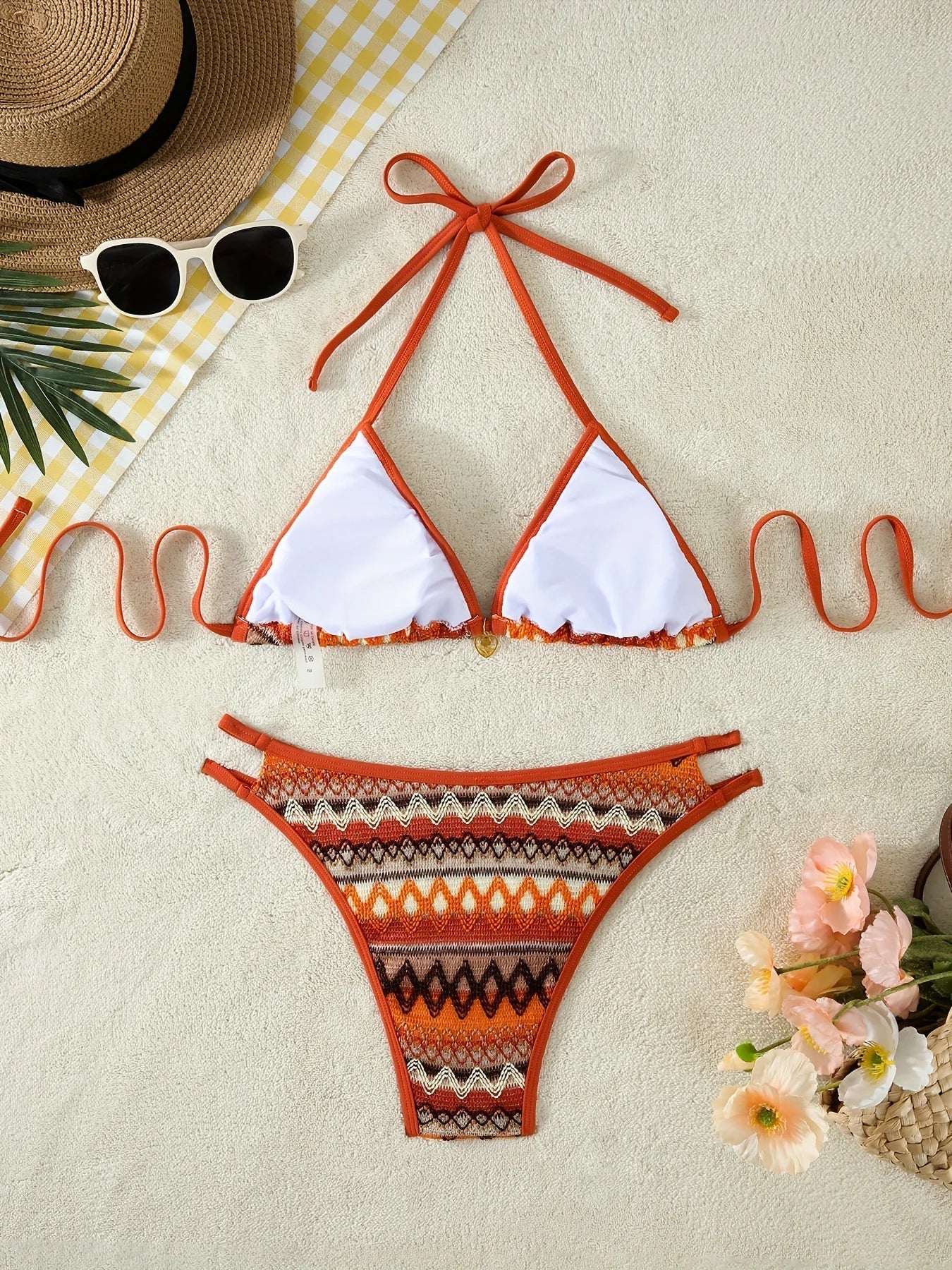 Knitted Coffee Striped Bikini Set