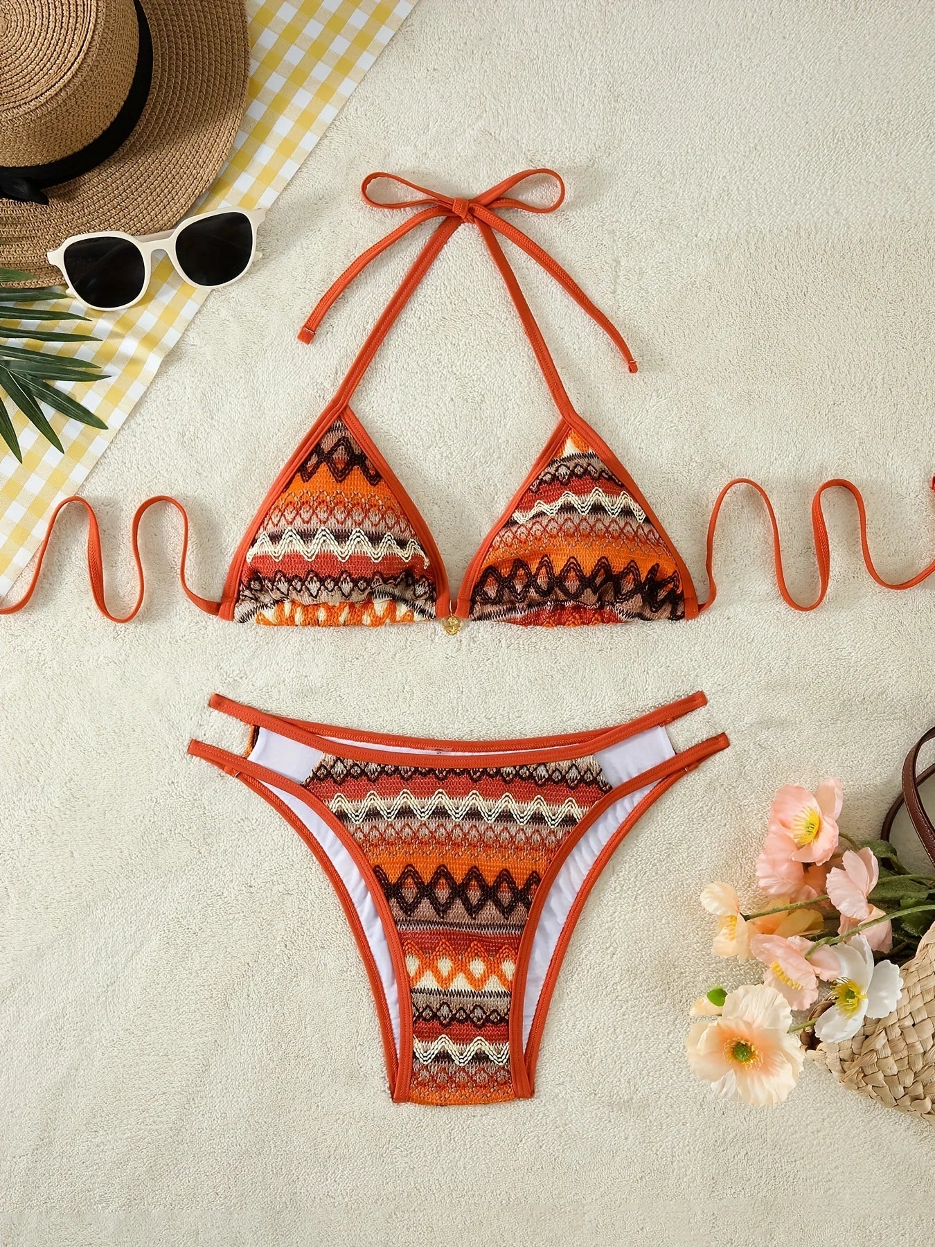 Knitted Coffee Striped Bikini Set