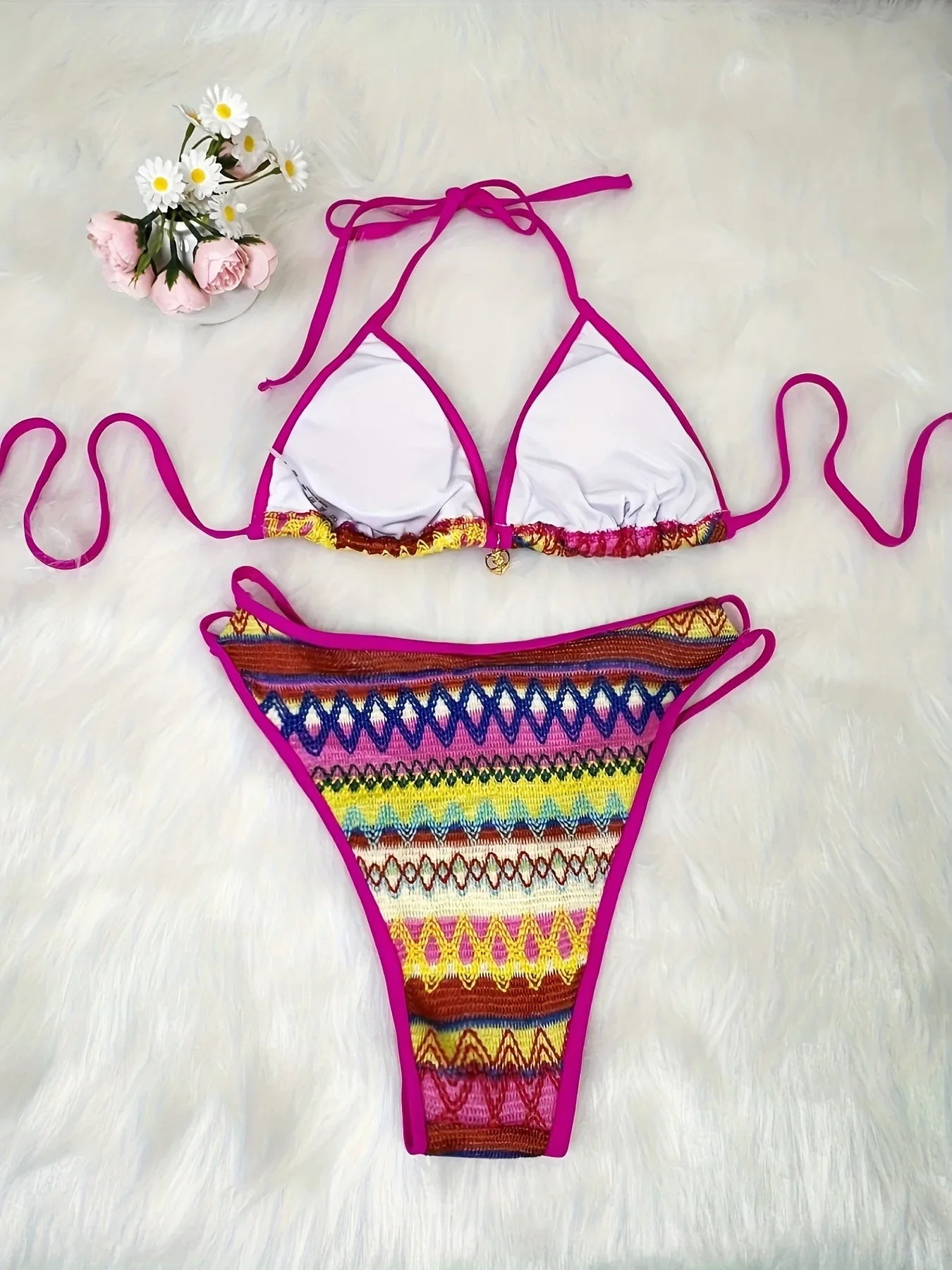 Knitted Coffee Striped Bikini Set