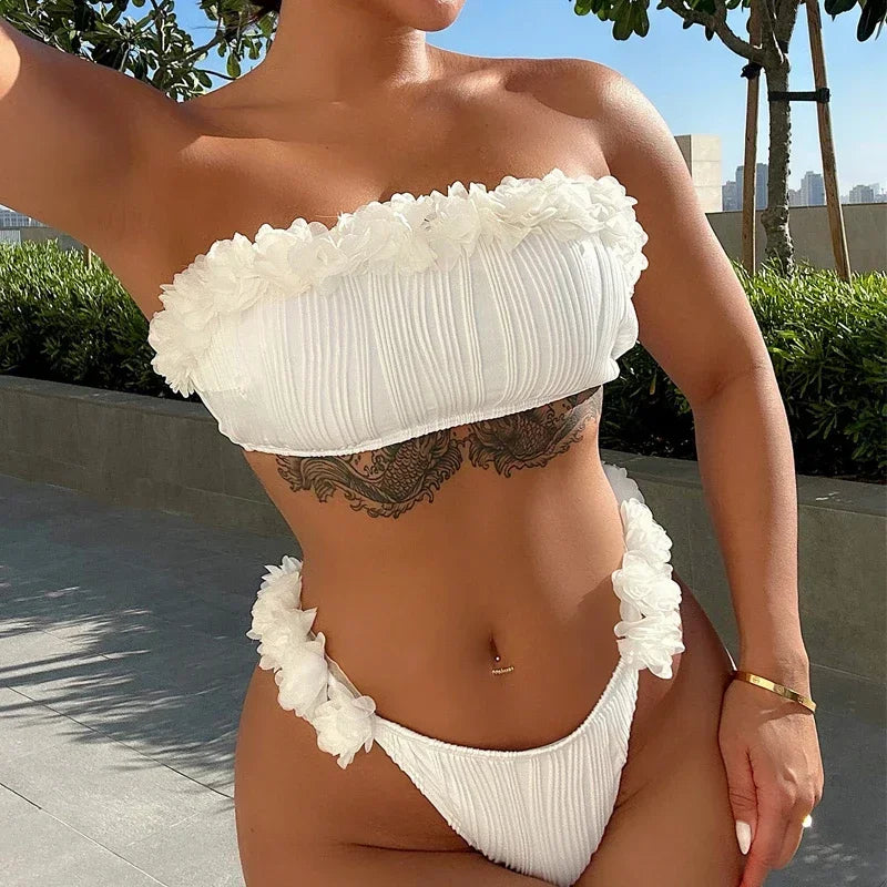 Lace Ruffle Swimsuit Strapless Backless Bikini Set