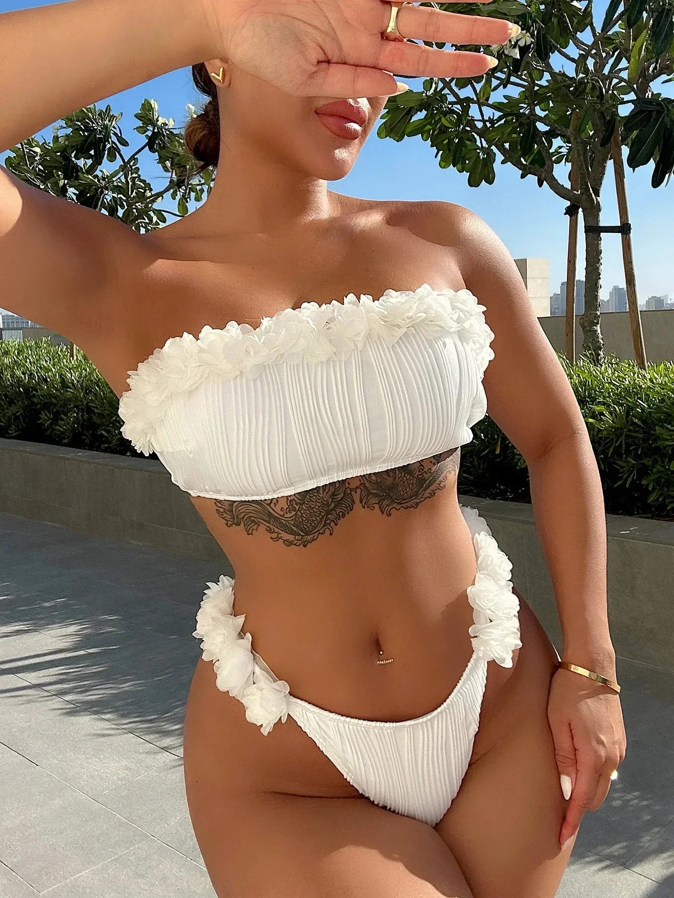 Lace Ruffle Swimsuit Strapless Backless Bikini Set
